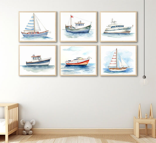 Cute Sailboat Art Print Set, Nursery Wall Decor, Boho Wall Decor, Classroom Art, Watercolor