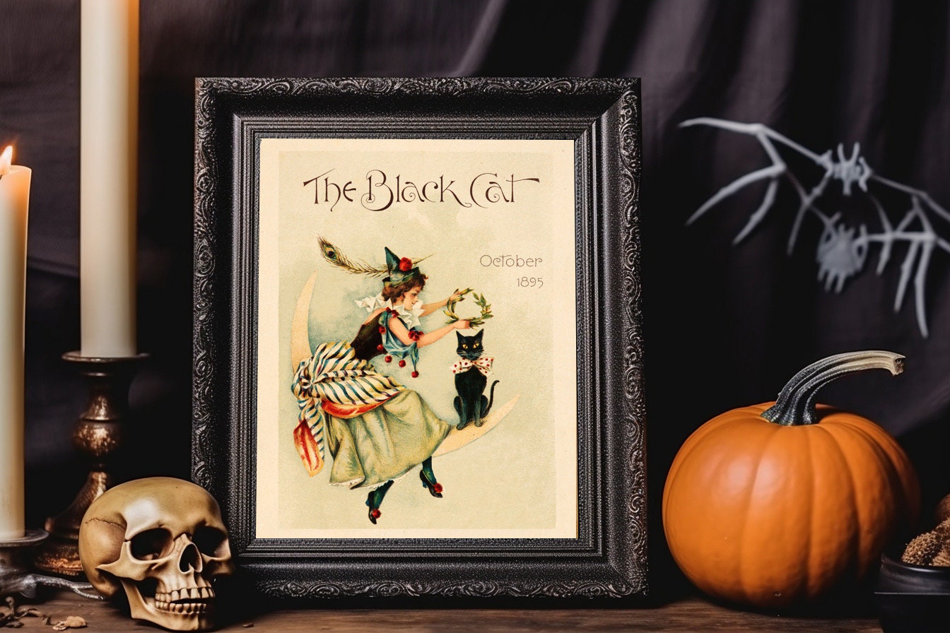 Halloween Vintage Girl And Black Cat Sitting On Crescent Moon Art Print, Halloween Cat Art, Black Cat, Halloween Vintage Illustration