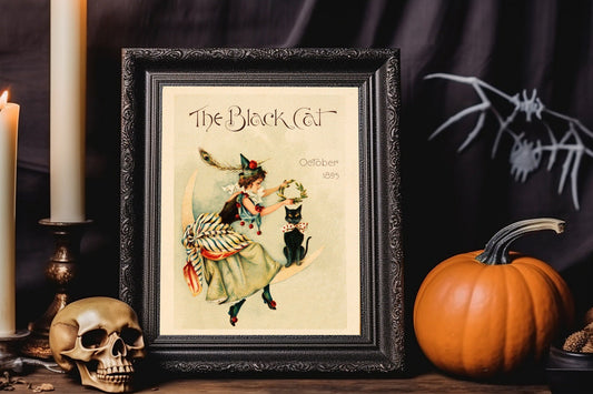Halloween Vintage Girl And Black Cat Sitting On Crescent Moon Art Print, Halloween Cat Art, Black Cat, Halloween Vintage Illustration