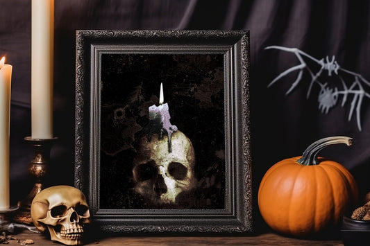 Halloween Skull With Melting Candle Art Print Wall Decor