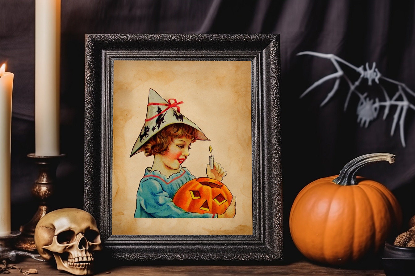 Halloween Vintage Young Girl Holding Pumpkin And Candle Art Print, Vintage Halloween, Vintage Halloween Illustration, Vintage Halloween
