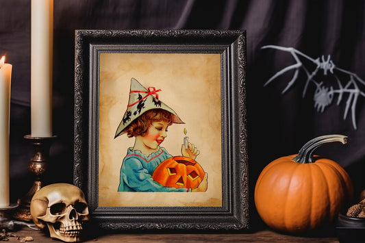Halloween Vintage Young Girl Holding Pumpkin And Candle Art Print, Vintage Halloween, Vintage Halloween Illustration, Vintage Halloween