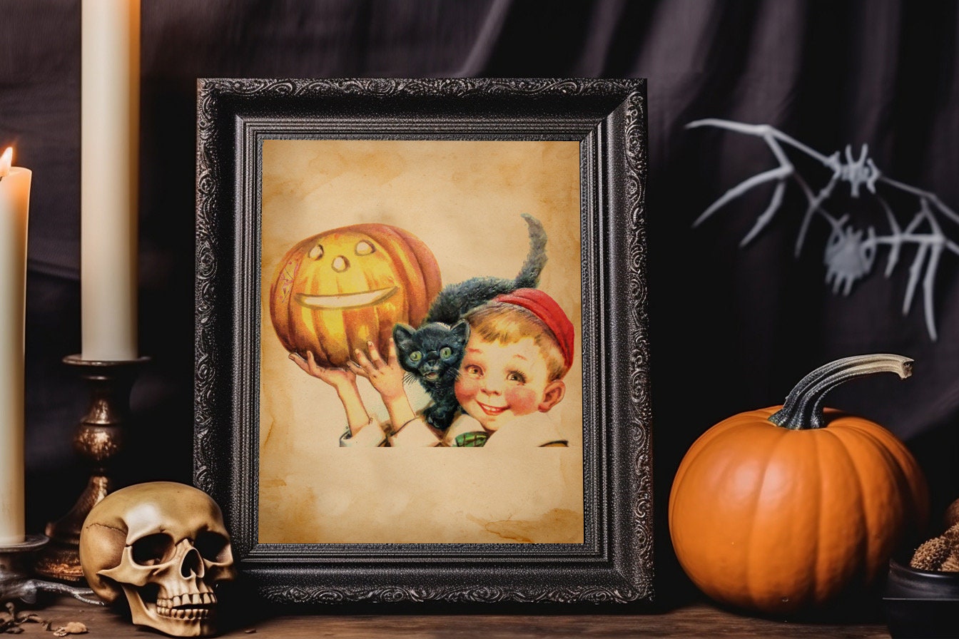 Halloween Vintage Young Boy Holding Pumpkin With Black Cat On His Shoulders Art Print, Vintage Halloween, Vintage Halloween Illustration
