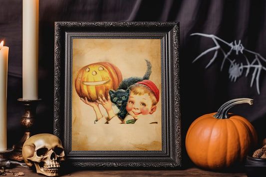 Halloween Vintage Young Boy Holding Pumpkin With Black Cat On His Shoulders Art Print, Vintage Halloween, Vintage Halloween Illustration