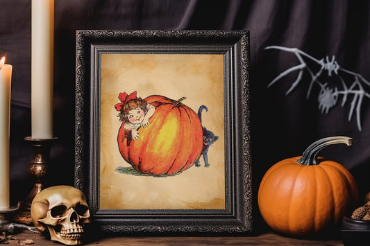 Halloween Vintage Young Girl Inside Pumpkin With Black Cat Art Print, Vintage Halloween, Vintage Halloween Illustration