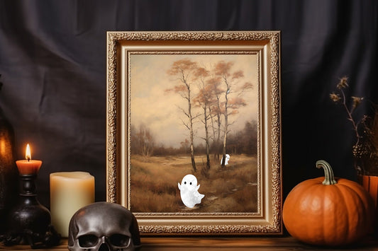 Halloween Vintage Ghosts Playing In Forest Art Print, Vintage Haunted House Art, Halloween Decor, Unique Halloween Decor