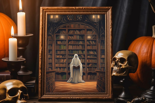 Halloween Vintage Ghost In Library Reading Book Art Print, Vintage Halloween, Vintage Haunted House Art, Halloween Wall Decor