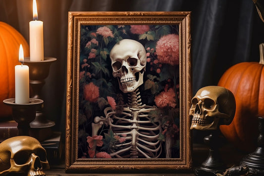 Halloween Skeleton Laying In Rose Garden Vintage Illustration Art Print