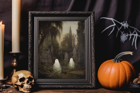 Halloween Vintage Ghosts Playing In Cemetery Art Print, Vintage Haunted House Art, Halloween Decor, Unique Halloween Decor