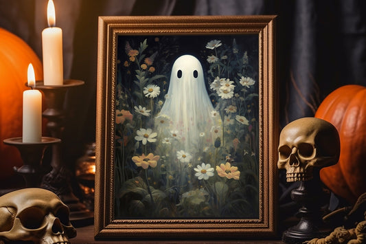 Halloween Vintage Ghost Standing In Field With Flowers Art Print, Vintage Halloween, Vintage Haunted House Art, Halloween Wall Decor