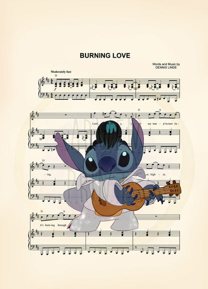 Stitch Elvis Burning Love Sheet Music Art Print