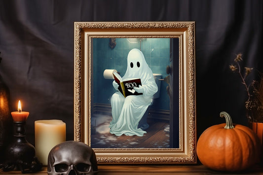 Halloween Vintage Ghost On Toilet Reading Book Art Print, Vintage Halloween, Vintage Haunted House Art, Halloween Bath Decor