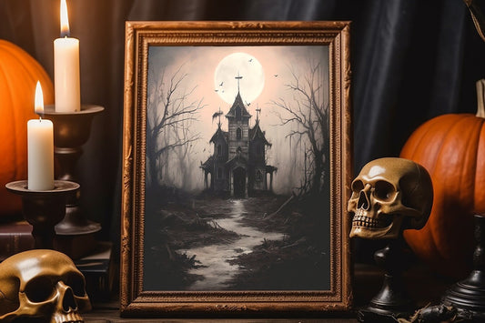 Haunted House In Forest Halloween Vintage Art Print, Vintage Halloween, Halloween Art, Halloween Vintage Illustration