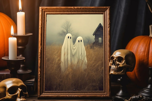Halloween Vintage Ghosts In Forest Art Print, Vintage Haunted House Art, Halloween Decor, Unique Halloween Decor