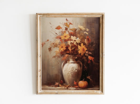 Flowers In Vase With Pumpkin Oil Painting Illustration Art Print