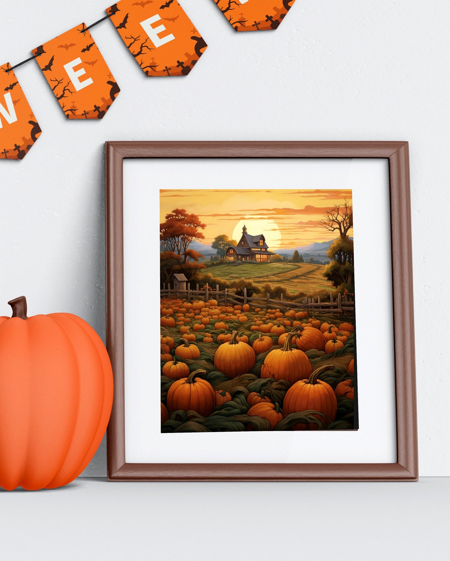Fall Pumpkin Patch And Cottage Art Print, Halloween, Halloween Art, Pumpkin Art, Fall Art