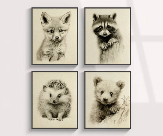 Cute Back And White Animal Art Print Set, Nursery Wall Decor, Boho Wall Decor, Classroom Art