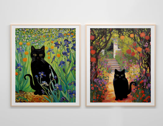 Black Cats In Garden Art Print Set