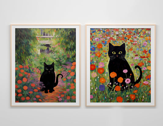 Black Cats In Garden Art Print Set
