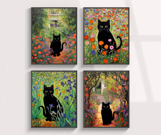 Black Cats In Colorful Garden, Four Print Set Sheet Art Prints