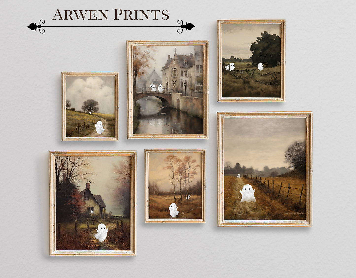 Halloween Cute Ghost In Field Wall Decor, Fall Decor, Halloween Boho Set of 6 Prints