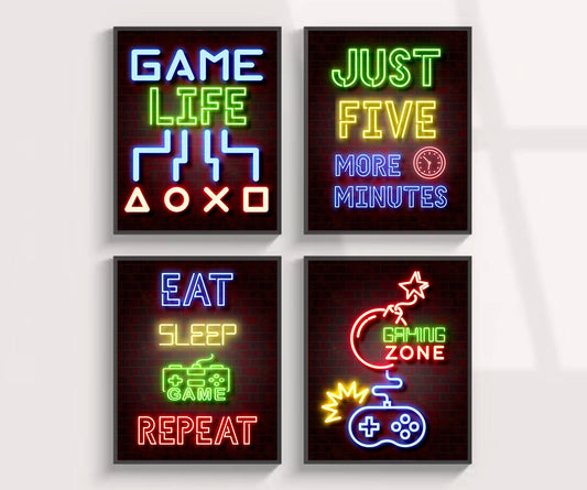 Neon Game Room 4 Print Set Wall Decor, Colorful Neon Art, Watercolor Art, Game Room Set, Game Controller