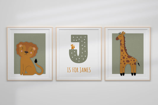 Customized Animal Baby Nursery Art Print Set, Nursery Decor, Boho Art
