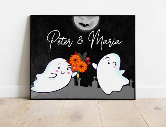 Custom Cute Ghost Halloween Family Canvas, Personalized Name Wall Art, Spooky Seasonal Home Decor