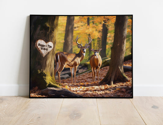 Custom Reindeer Forest Couple Canvas, Personalized Names And Date Christmas Wall Art, Holiday Home Decor