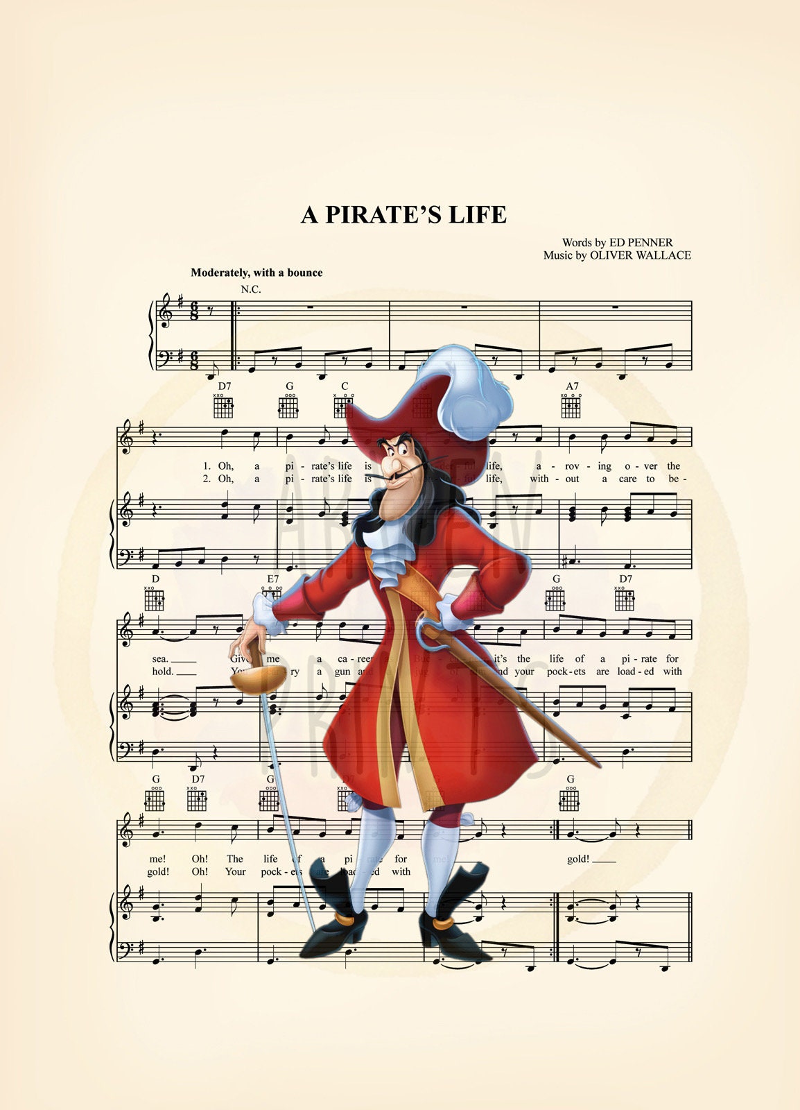 Peter Pan Captain Hook Sheet Music Art Print