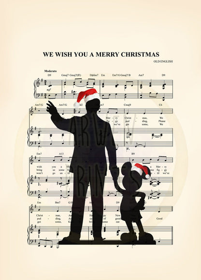 Christmas Walt Disney and Mickey Mouse Partners We Wish You A Merry Christmas Sheet Music Art Print
