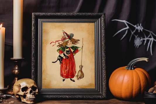 Halloween Vintage Young Witch With Black Cat Fancy Attire Art Print, Vintage Halloween, Vintage Halloween Illustration, Vintage Halloween
