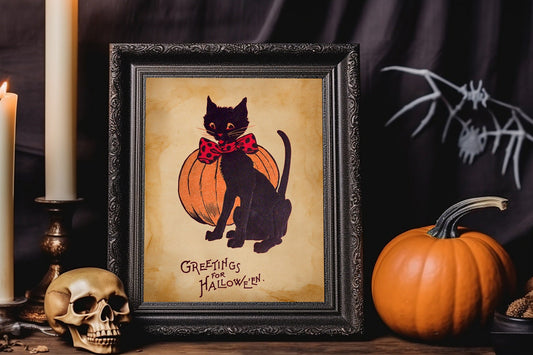 Halloween Vintage Cat with Bow Tie Art Print, Vintage Halloween, Halloween Cat Art, Black Cat, Halloween Vintage Illustration