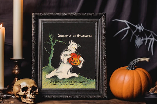 Halloween Vintage Cute Ghost Trick or Treating Art Print, Vintage Halloween, Vintage Haunted House Art, Halloween Illustration Wall Decor