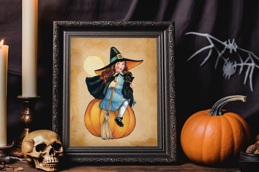 Halloween Vintage Teenage Witch with Black Cat On Pumpkin Art Print, Vintage Halloween, Vintage Halloween Illustration, Vintage Halloween