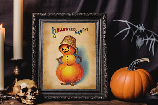 Halloween Pumpkin Man Halloween Greetings Art Print, Pumpkin Snowman, Halloween Decor, Halloween Vintage Illustration