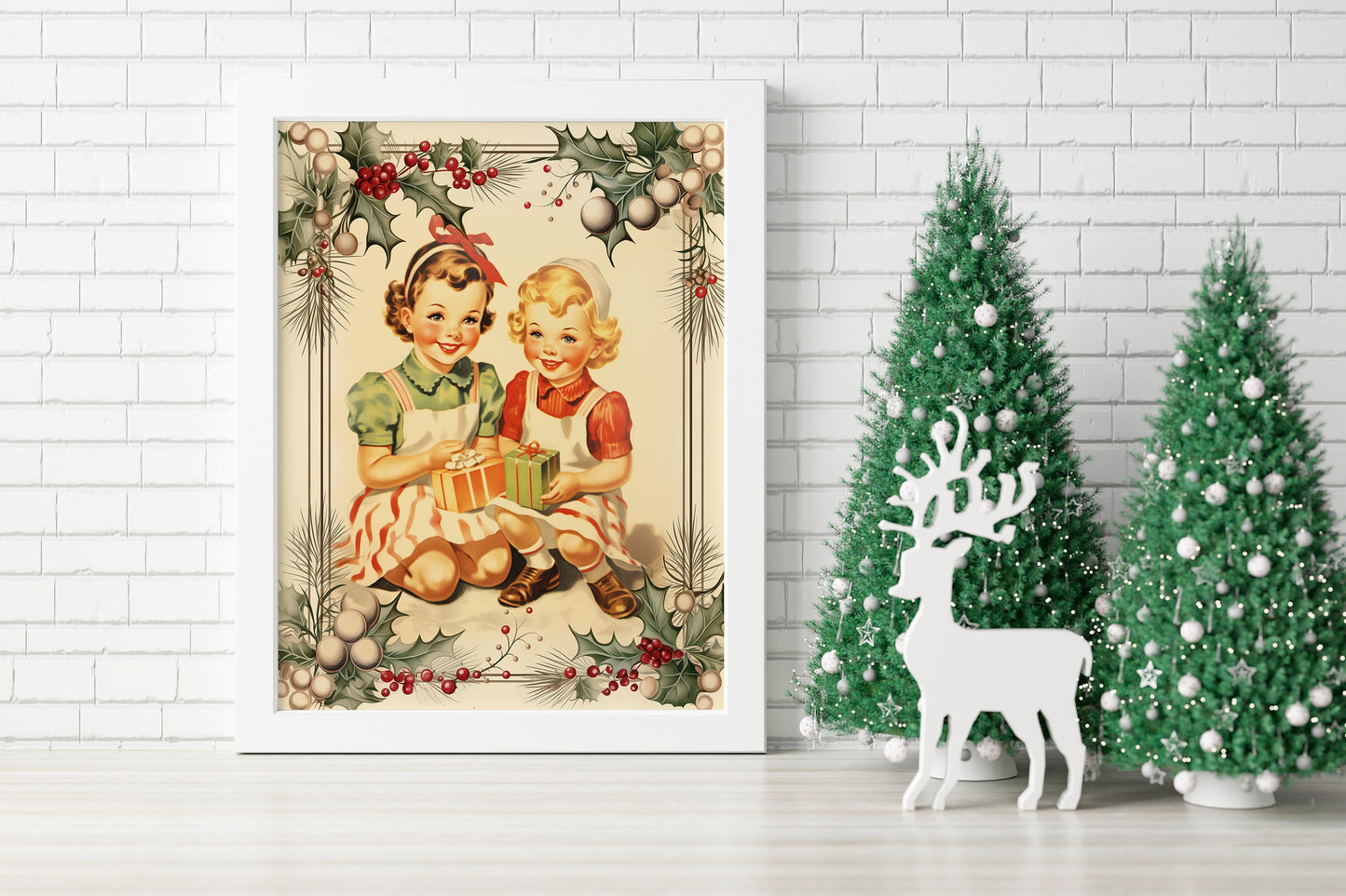 Christmas Vintage Girls in Holiday Dresses Illustration Art Print, Vintage Christmas, Vintage Christmas Illustration, Christmas Art