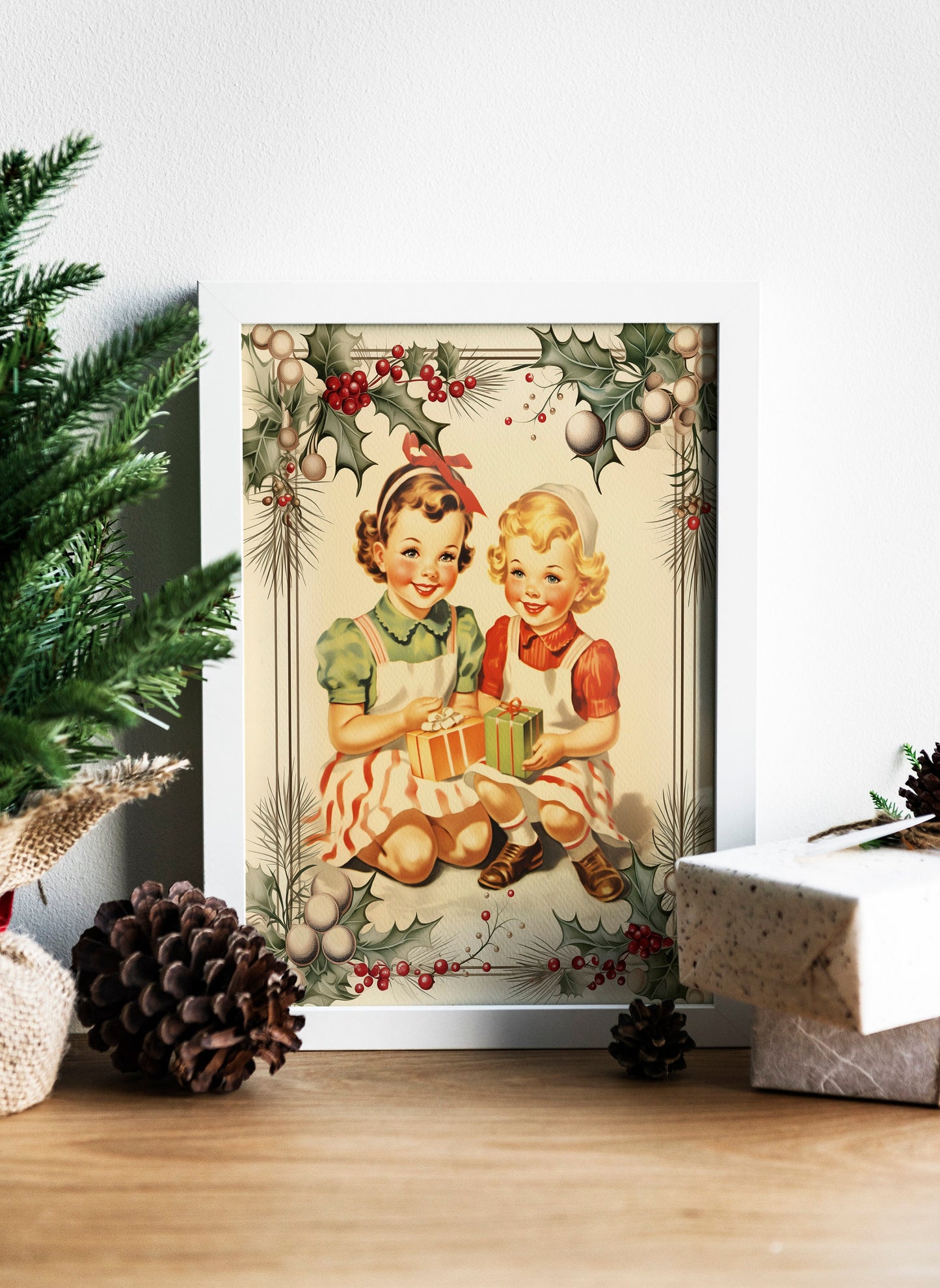 Christmas Vintage Girls in Holiday Dresses Illustration Art Print, Vintage Christmas, Vintage Christmas Illustration, Christmas Art