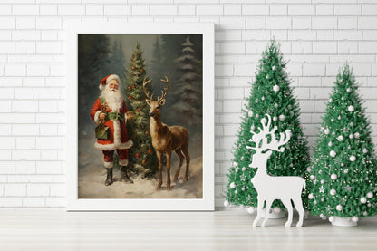 Christmas Vintage Santa and Rudolph In Forest Art Print