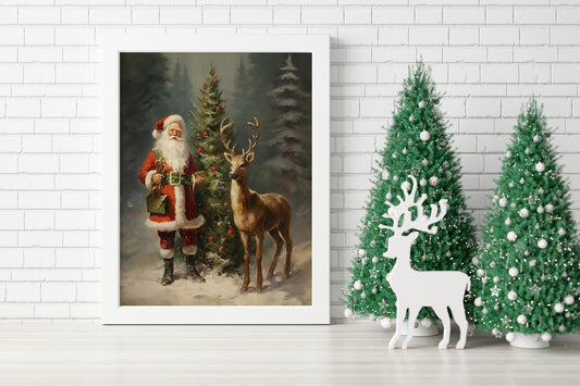 Christmas Vintage Santa and Rudolph In Forest Art Print