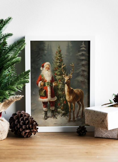 Christmas Vintage Santa and Rudolph In Forest Art Print