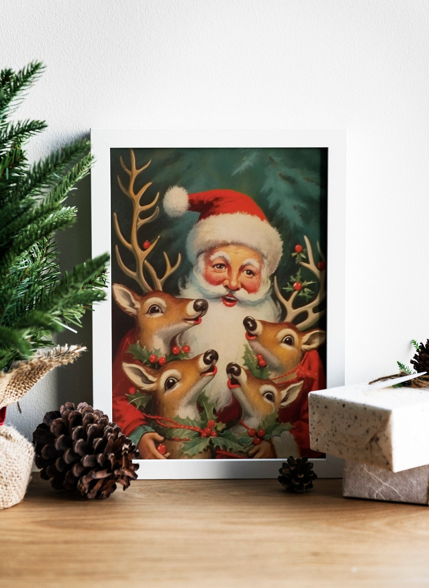 Christmas Vintage Santa Hugging His Reindeer Art Print, Vintage Christmas, Santa Claus is Coming to Town, Vintage Santa, Christmas Art