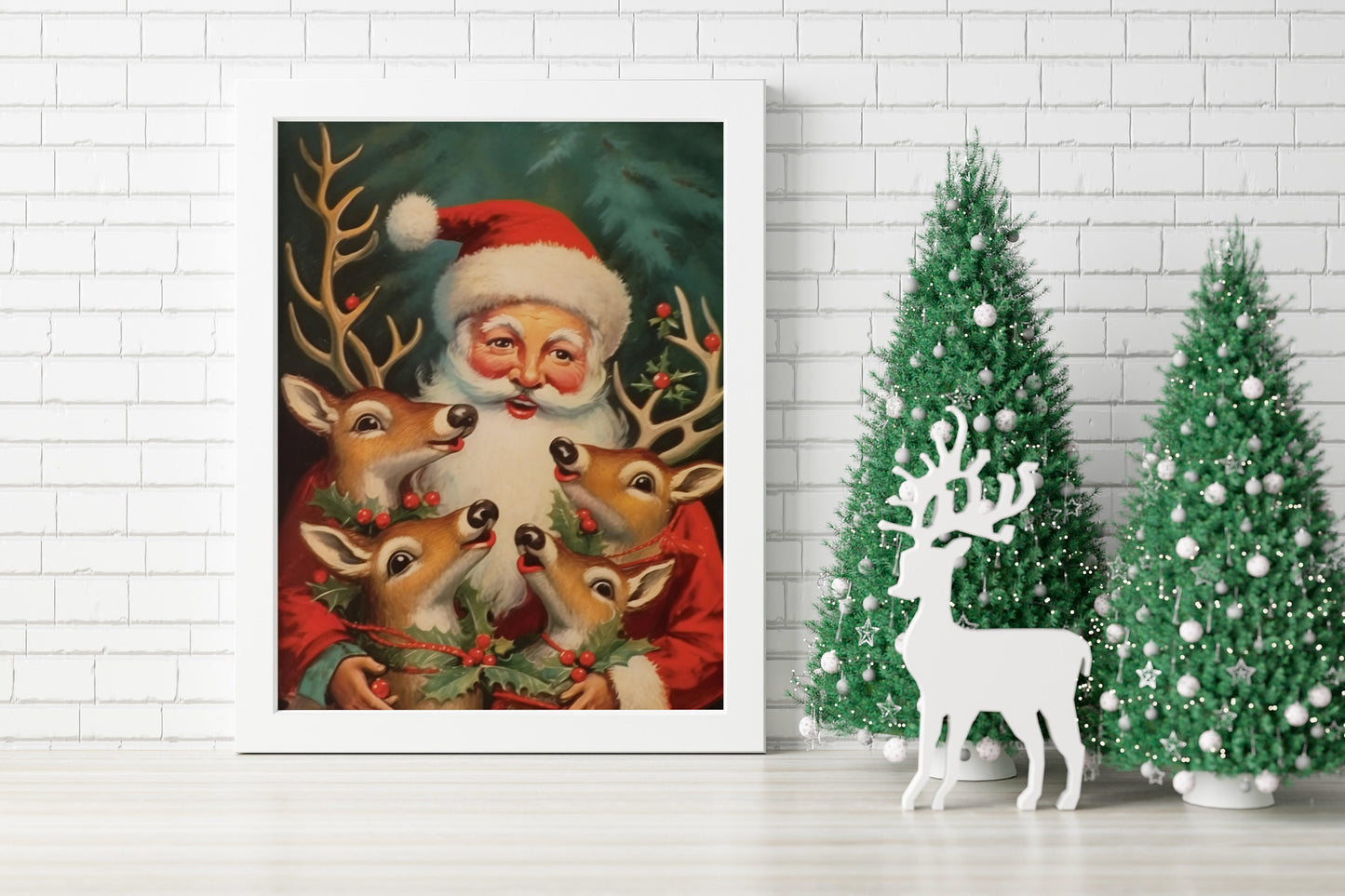 Christmas Vintage Santa Hugging His Reindeer Art Print, Vintage Christmas, Santa Claus is Coming to Town, Vintage Santa, Christmas Art