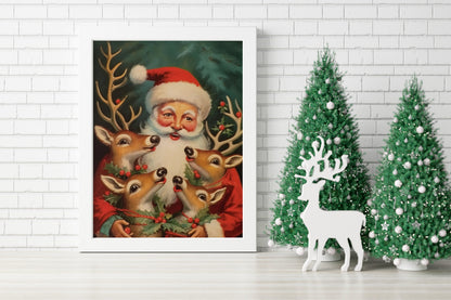 Christmas Vintage Santa Hugging His Reindeer Art Print, Vintage Christmas, Santa Claus is Coming to Town, Vintage Santa, Christmas Art