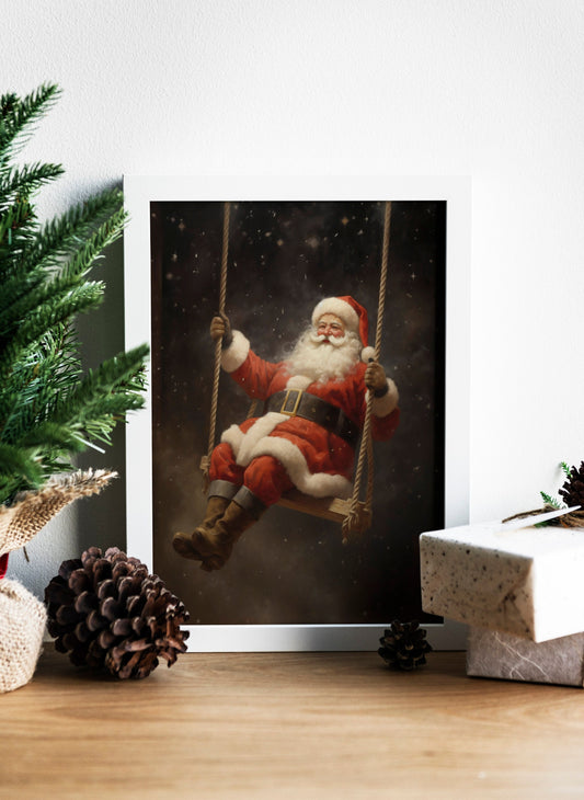 Christmas Vintage Santa Claus Swinging On A Swing Art Print, Vintage Christmas, Christmas Santa, Vintage Santa, Santa Illustration