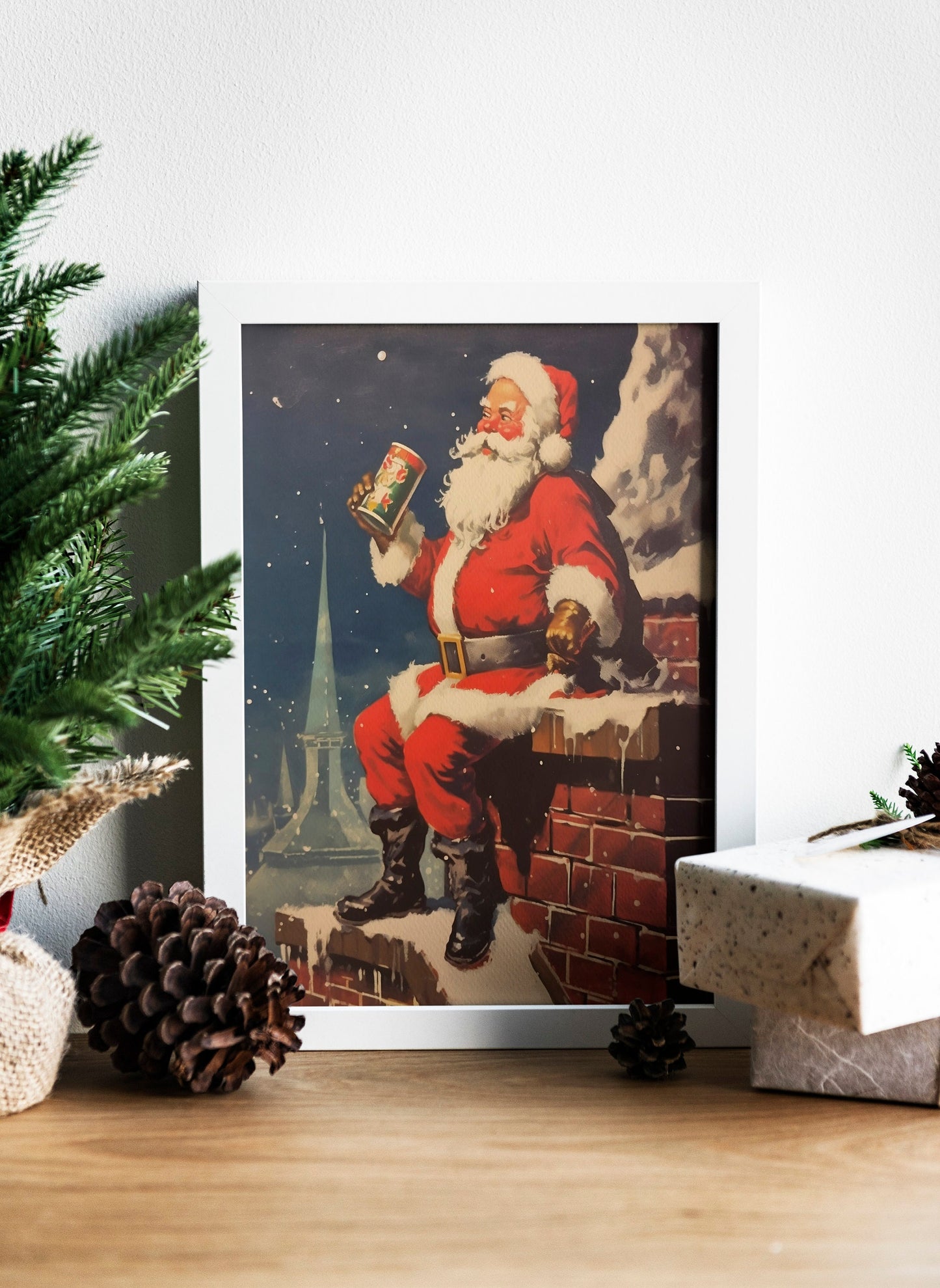 Christmas Vintage Santa Claus On Chimney Art Print, Vintage Christmas, Classic Christmas, Christmas Santa, Vintage Santa, Santa Illustration