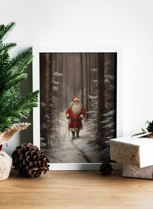 Christmas Vintage Santa Claus Walking In Forest Art Print, Vintage Christmas, Christmas Santa, Vintage Santa, Santa Illustration