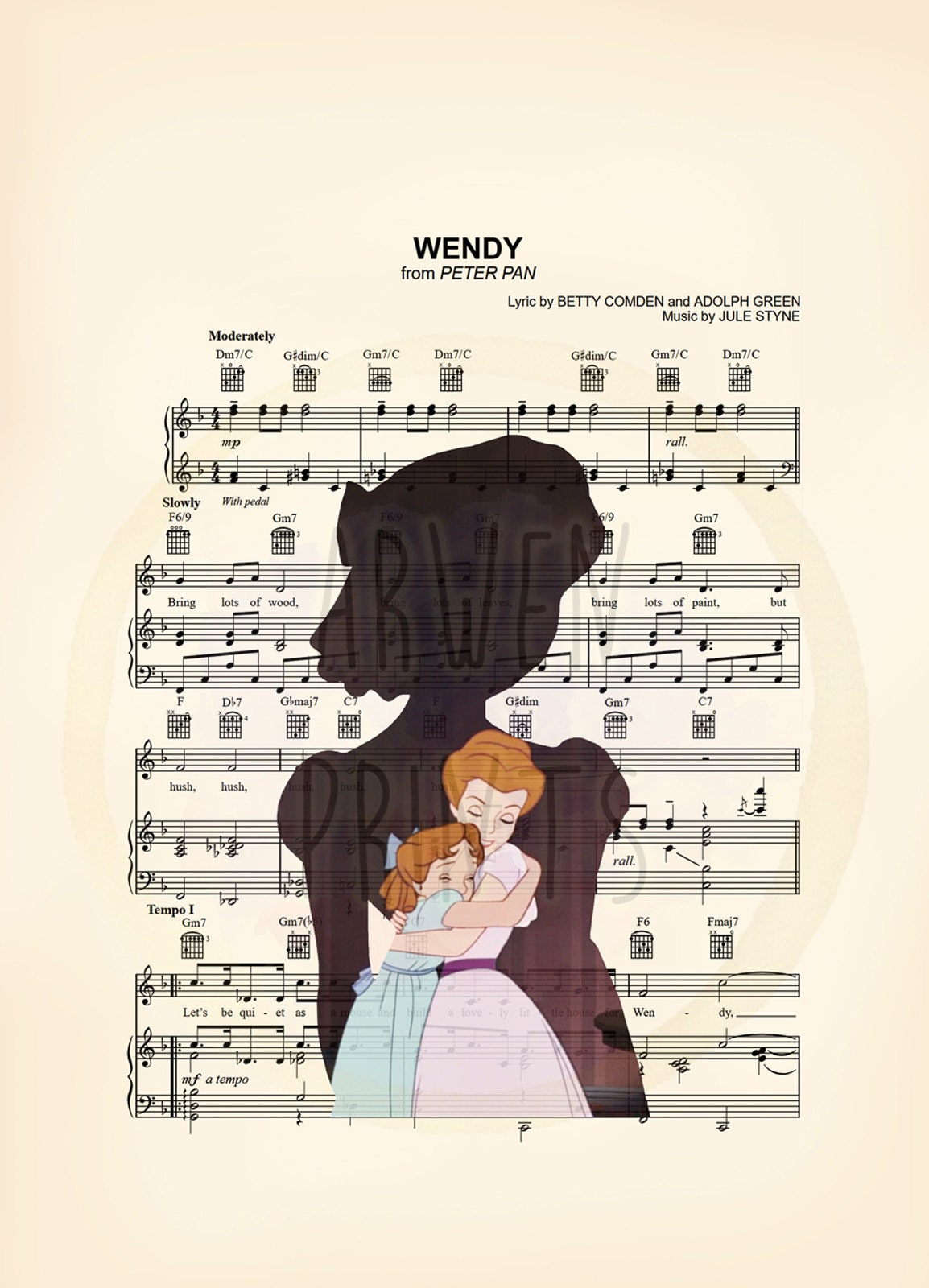 Peter Pan Wendy Darling Hugging Mom Sheet Music Art Print