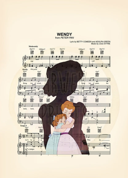 Peter Pan Wendy Darling Hugging Mom Sheet Music Art Print