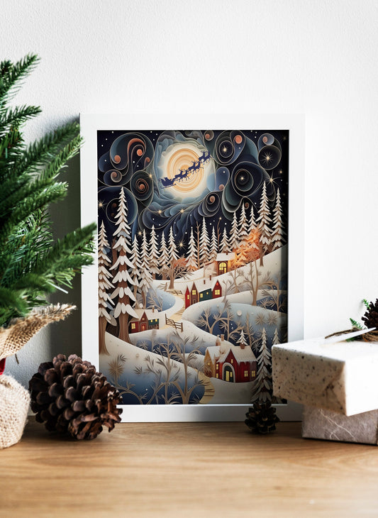 Christmas Vintage Village Winter Snow Illustration Art Print, Christmas Home Decor, Christmas House, Snowy House, White Christmas